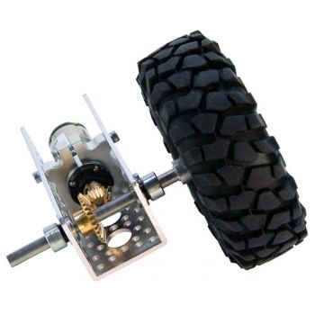 shown with bevel gears on a 1/4” D-shaft, driving an off-road tire with a premium planetary gear motor