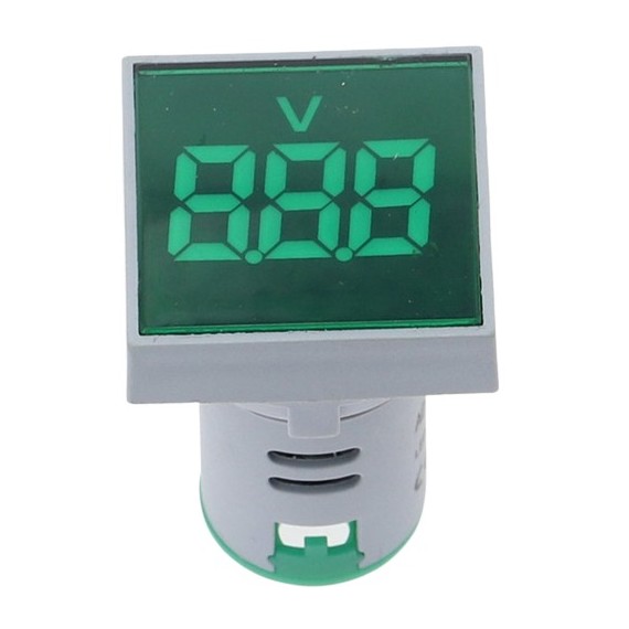 Panel Mount Square 22mm Volt Meter - 20-500VAC - Green