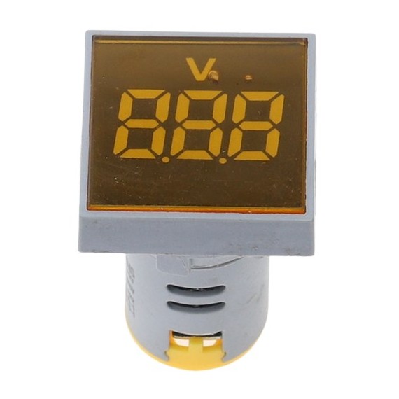 Panel Mount Square 22mm Volt Meter - 20-500VAC - Yellow