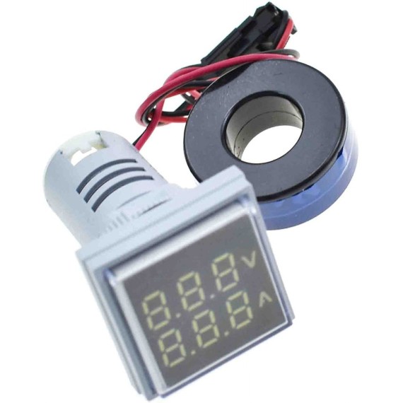 Panel Mount Square 22mm Volt & Current Meter - 50-500VAC / 0-100A