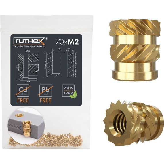 Ruthex Threaded Insert M2 - Pack of 70, Σπείρωμα: M2