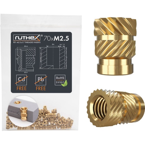 Ruthex Threaded Insert M2.5 - Pack of 70, Σπείρωμα: M2.5