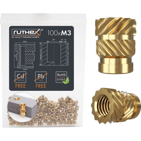 Ruthex Threaded Insert M3 - Pack of 100, Σπείρωμα: M3 