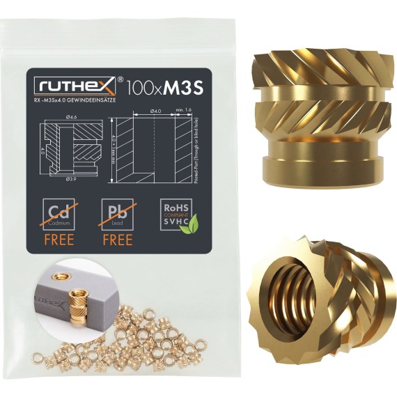 Ruthex Threaded Insert M3 Short - Pack of 100, Σπείρωμα: M3 Short