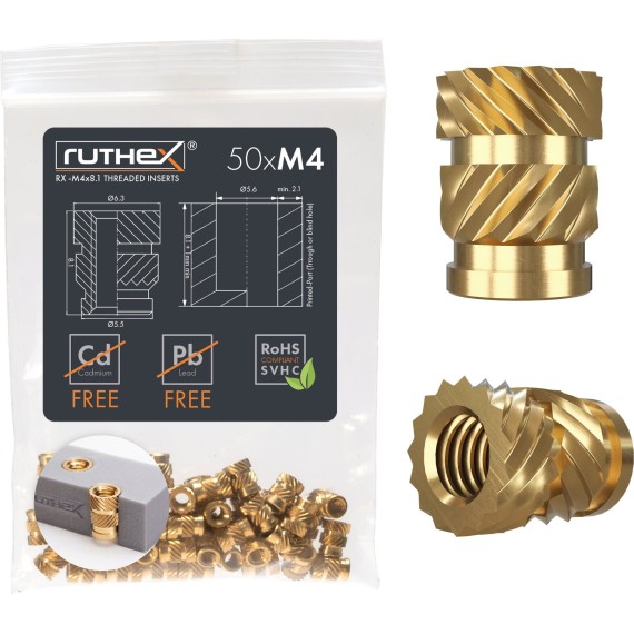 Ruthex Threaded Insert M4 - Pack of 50, Σπείρωμα: M4