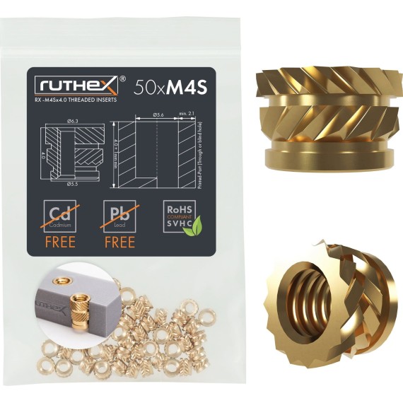 Ruthex Threaded Insert M4 Short - Pack of 50, Σπείρωμα: M4 Short