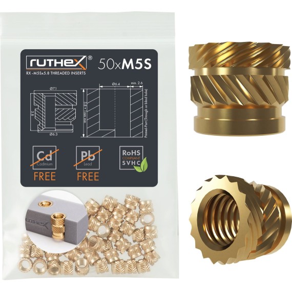 Ruthex Threaded Insert M5 Short - Pack of 50, Σπείρωμα: M5 Short