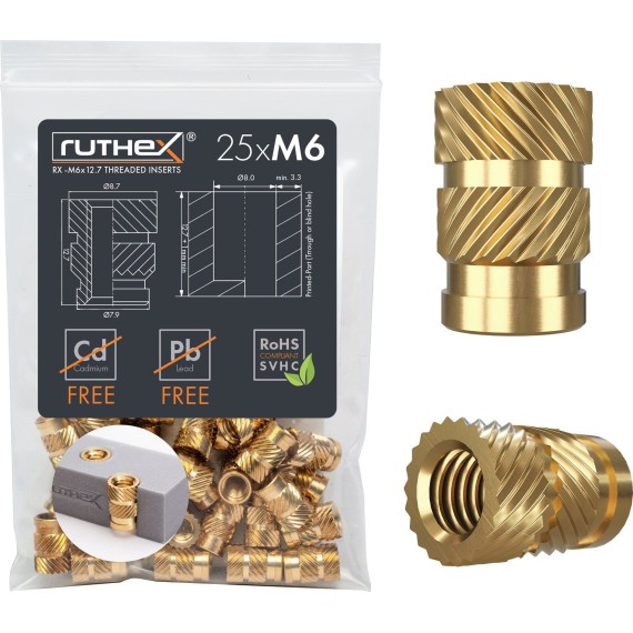 Ruthex Threaded Insert M6 - Pack of 25, Σπείρωμα: M6