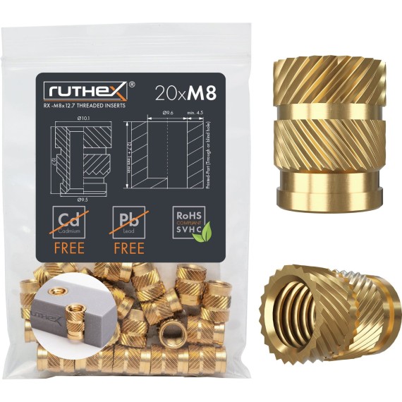 Ruthex Threaded Insert M8 - Pack of 20, Σπείρωμα: M8