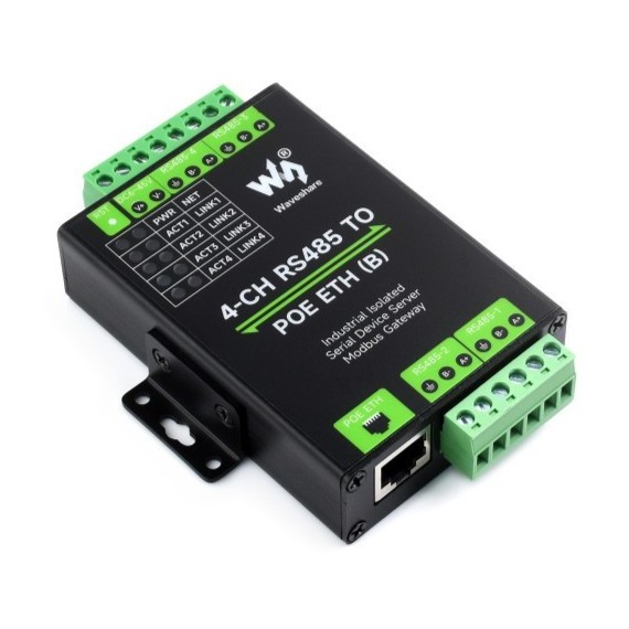 Industrial RS485 to Ethernet RJ45 w/PoE - 4-CH Serial Server, PoE (Power Over Ethernet): With PoE
